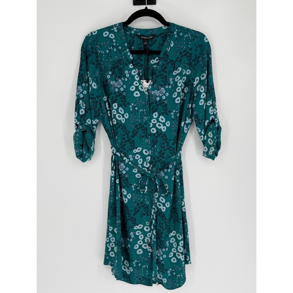 41Hawthorn Shirt Dress Medium Teal Green Floral Belted Peasant Cottage Feminine
